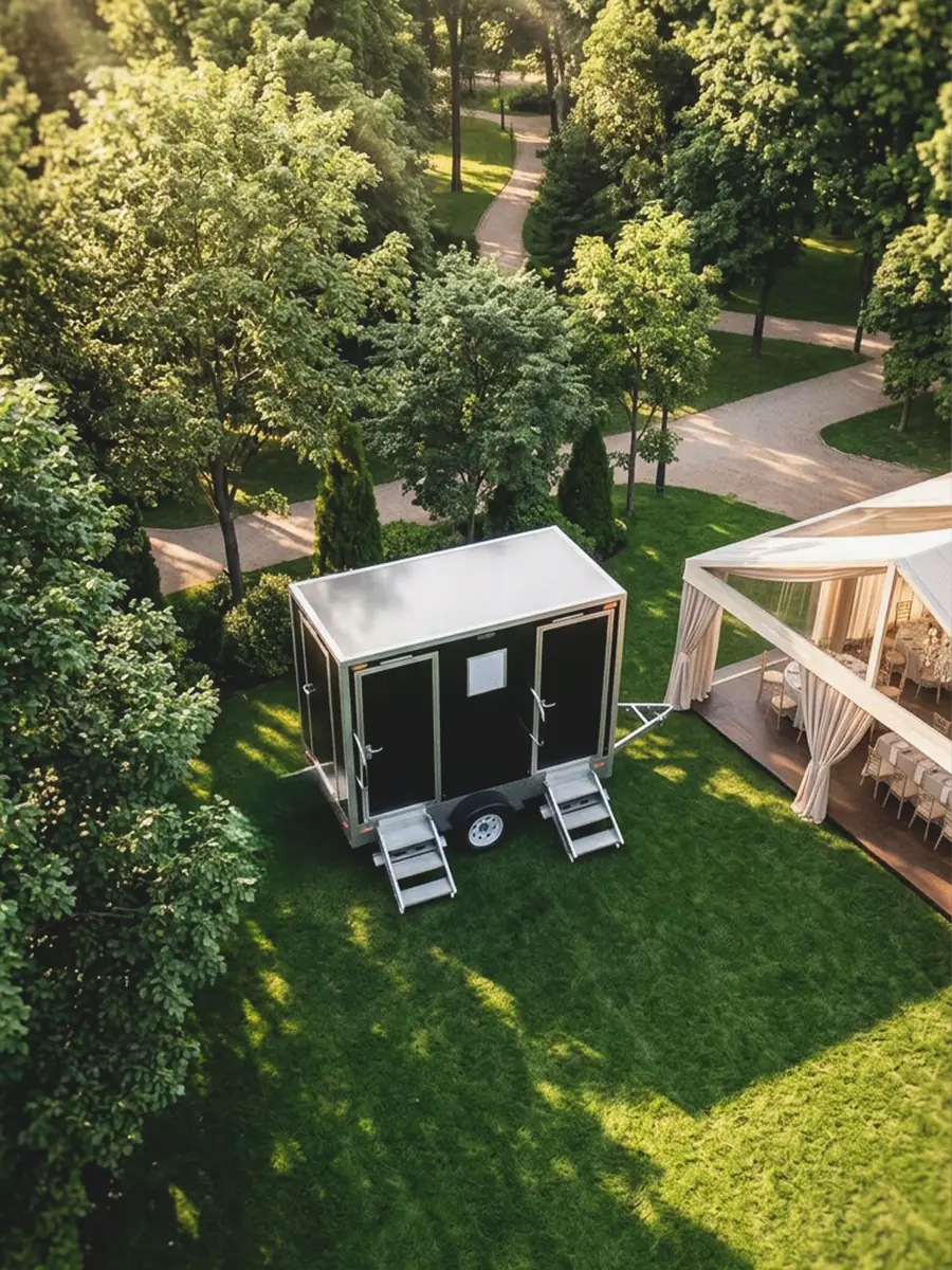 Restroom trailer set on a lawn at a backyard wedding